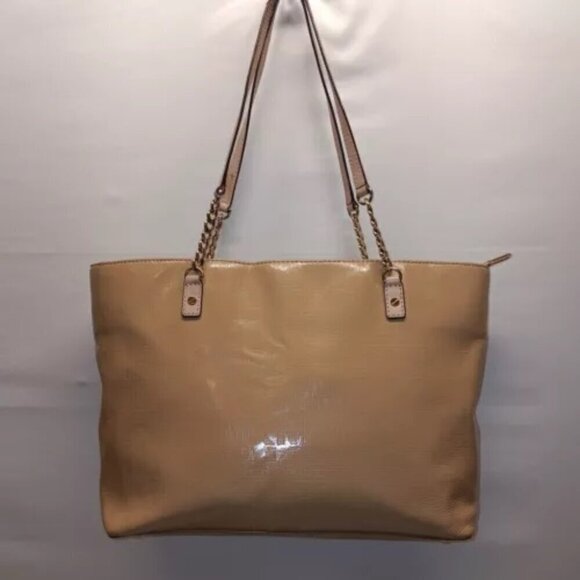 Michael Kors Signature Large Chain Tote Patent Leather Beige Caramel GUC - Picture 1 of 15